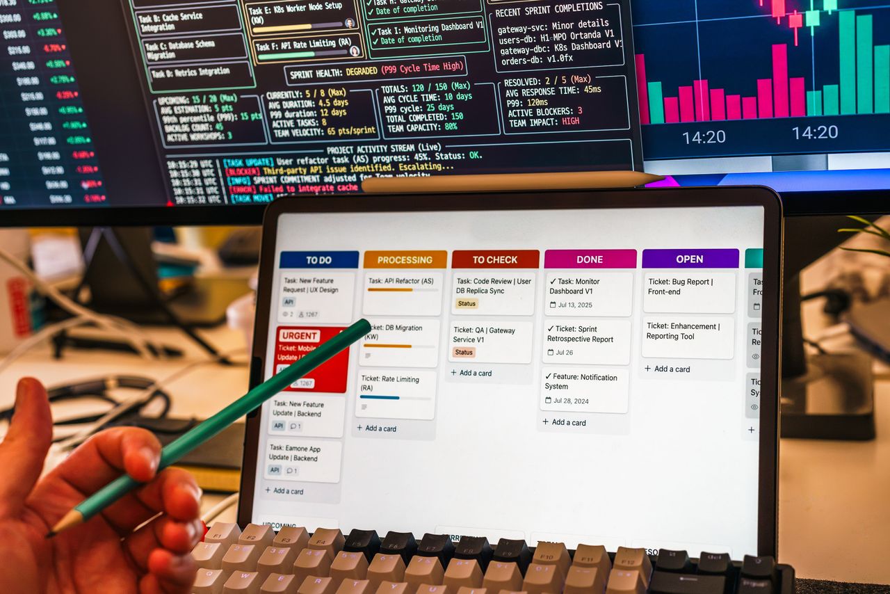 Services Detailed view of a business workflow setup with tablet and multiple screens displaying data charts.